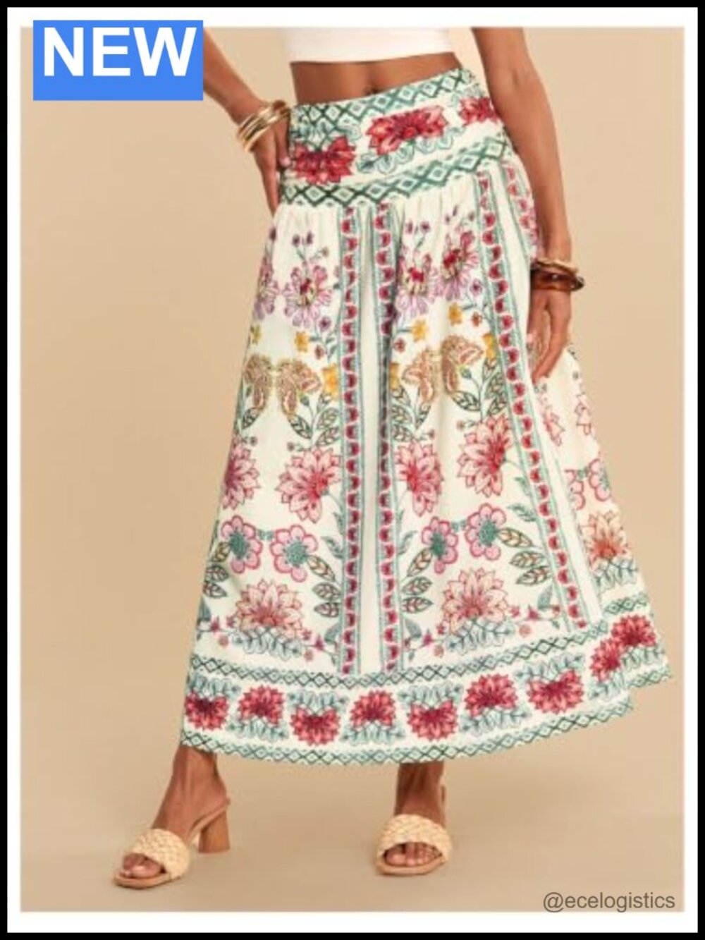 Boho Floral Maxi Skirt High Waisted Ruffle A Line Beach Vacation Resort Wear - Picture 4 of 4